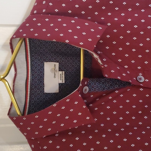 Craft +Flow Mens Button Down Collar Shirt Burgundy/White Geo Print, Design Cuff - Picture 4 of 12